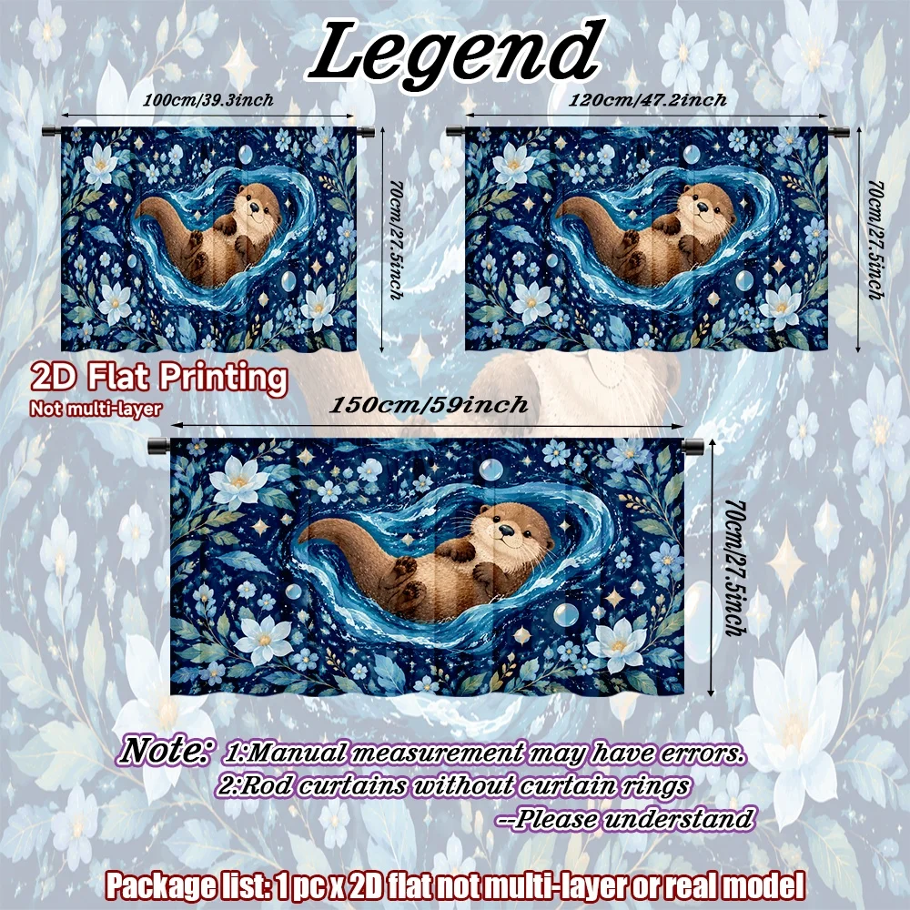 2D flat 1pc Home short curtains Otter in Blue Waves Digital printing Rod-style wardrobe curtains, suitable for bedrooms, living