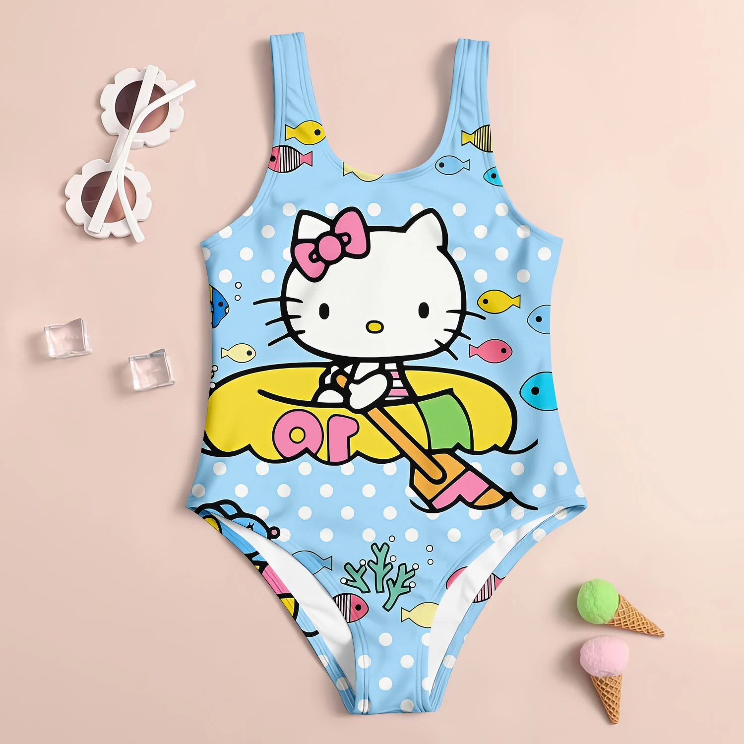 MINISO Summer Girls Swimsuit Children\'s Swimsuit 3D Printed Hello Kitty Cartoon Fashion Beach Skirt Holiday Children\'s Clothing