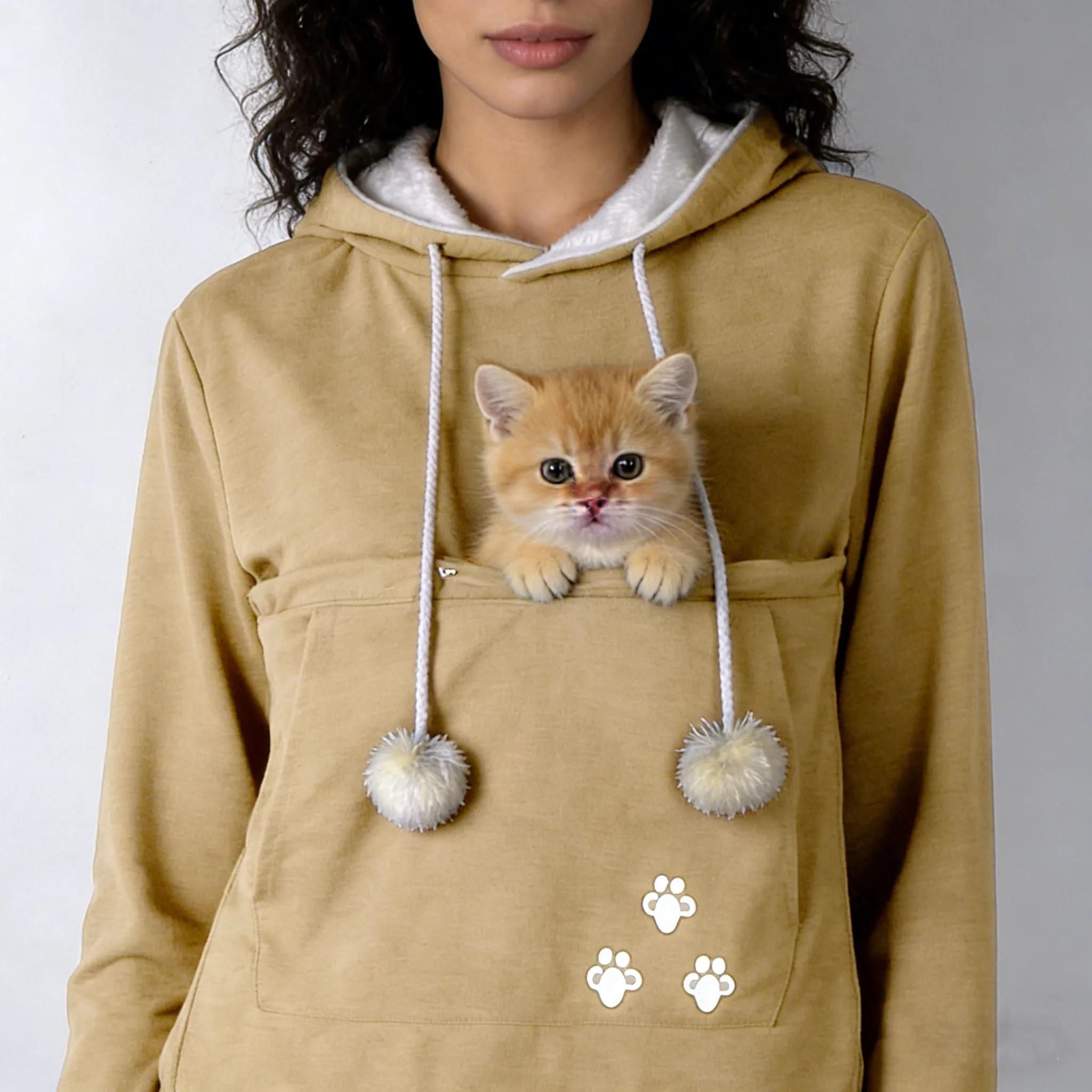 

Casual Women Hooded Solid Color Fleece Lined Warm Top With Pockets Suitable For Pet Carrying Daily Life And Casual Dressing