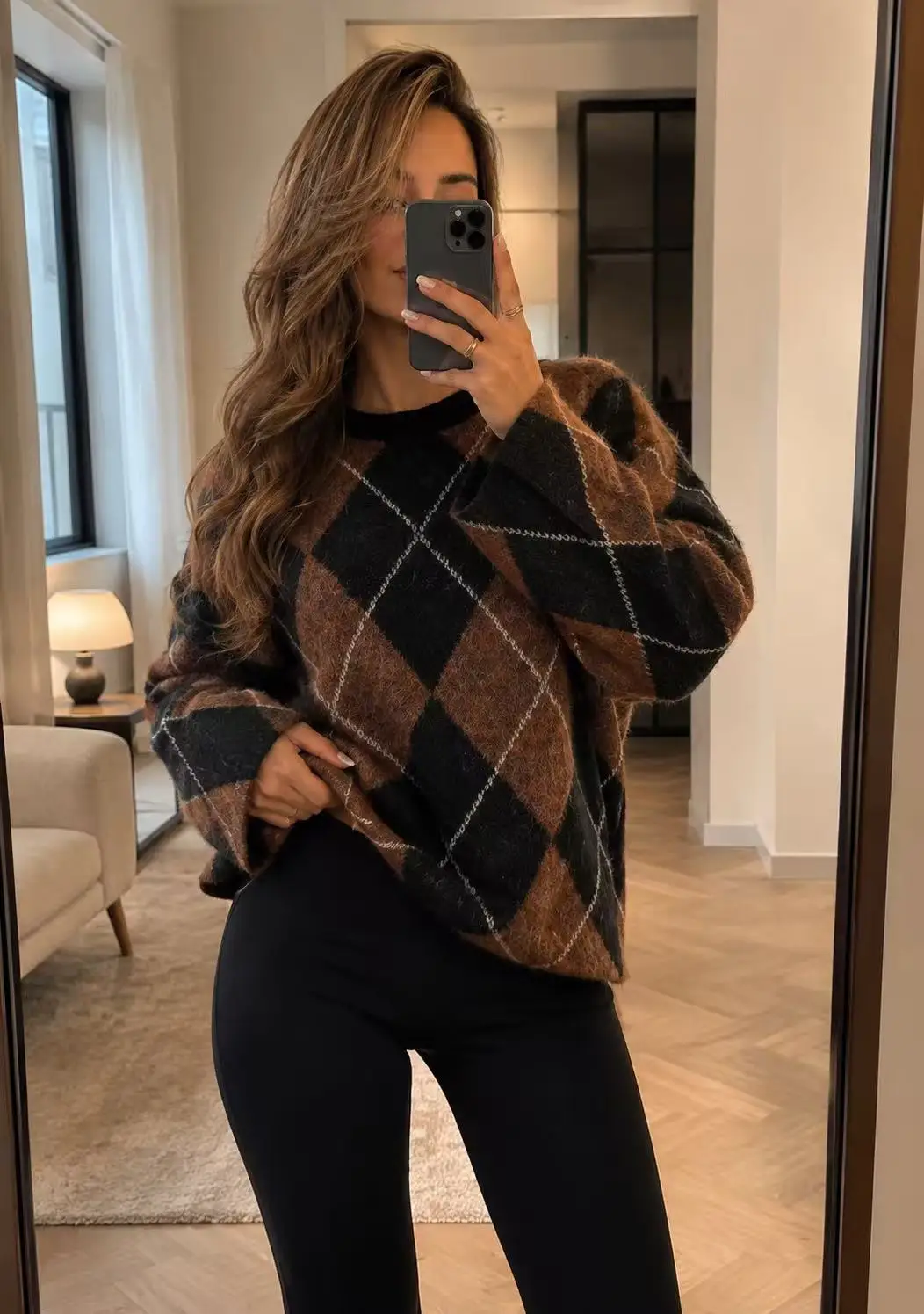 Women's Autumn Winter Fashion Color Block Diamond Pattern Preppy Street Retro Round Neck Knitted Long Sleeve Pullover.