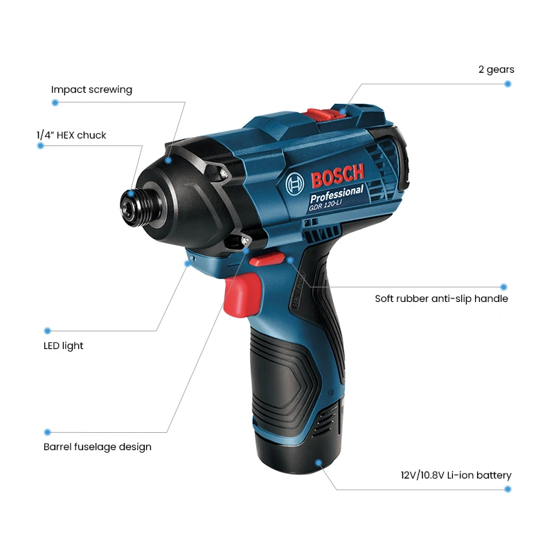 Bosch GDR120-LI Wireless Electric Screwdriver Set Rechargeable Cordless Impact Drill Rotary Tool with 2 12V Screwdriver Battery