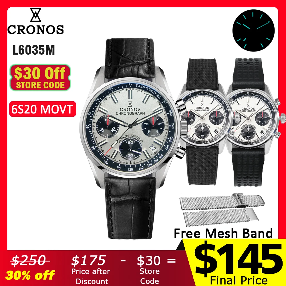 Cronos Kronograf Kuvars Erkek Saat Miyota S620 Siyah & Beyaz Panda Kadran Safir 10 ATM Takimetre Deri Kayış