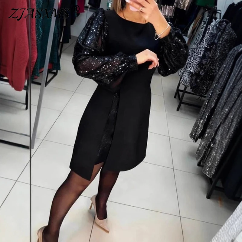 فستان سهرة نسائي ربيعي 2026 مثير مزين بالترتر موضة رقبة دائرية وفتحة على شكل حرف a فستان قصير للخريف بأكمام طويلة فستان بوهو #1