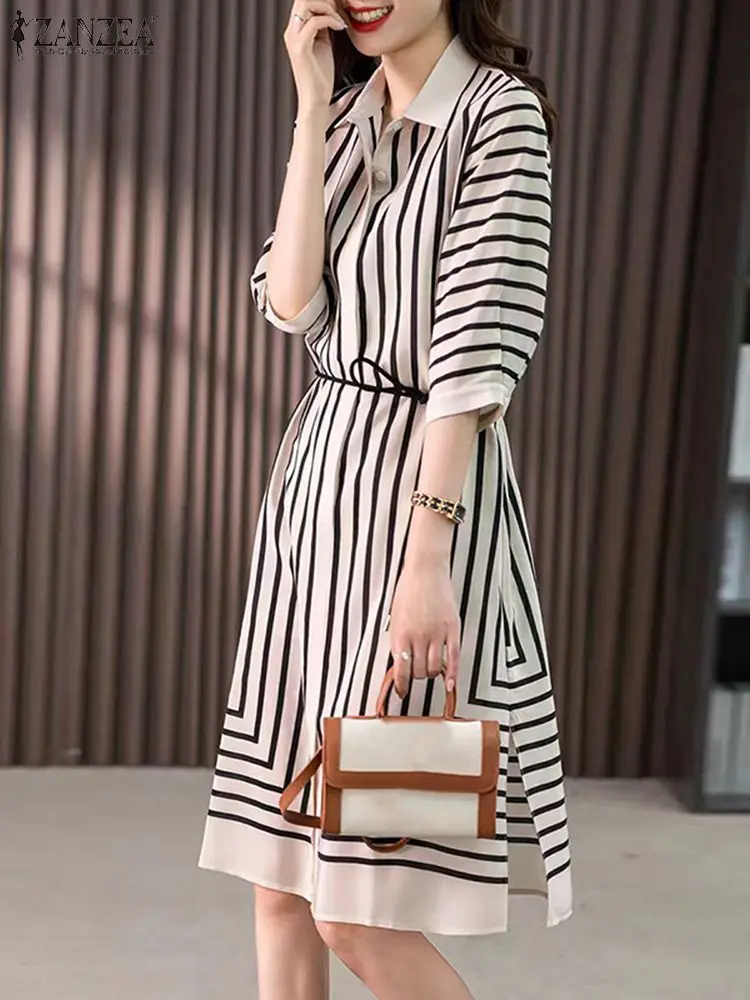 

ZANZEA Women Lapel Collar Robe Casual Loose Striped Midi Shirt Dress Korean Half Sleeve Office Long Dress Elegant Work Vestidos