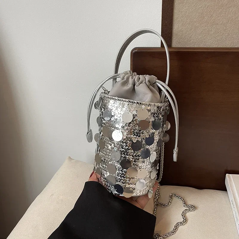 Balde Tipo Bling Bolsas de Ombro para Mulheres, Compartimento Interior, Bolso Aberto, PU Bolsas, Monocromáticas, Venda Quente, 2024