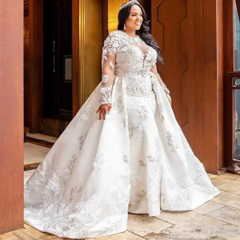 

Customized African Nigerian Mermaid Wedding Dresses With Detachable Train High Neck Lace Long Sleeves Bridal Gowns Vestidos