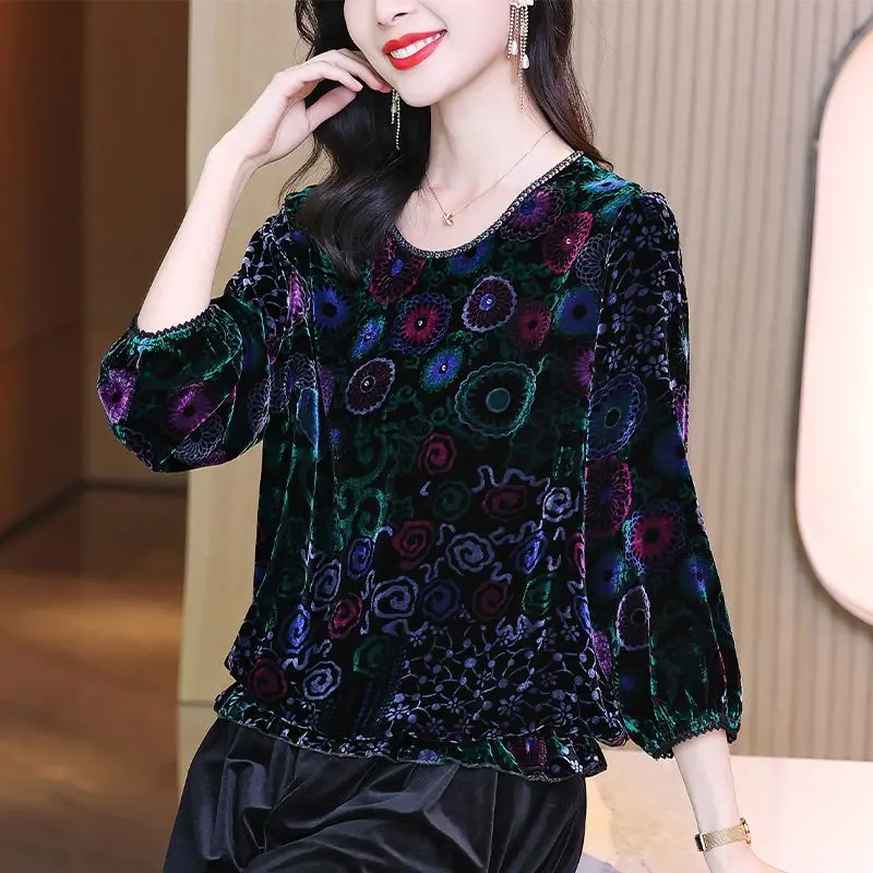 Women\'s Round Neck Vintage Elegant Printing Tops Autumn Winter Stylish Long Sleeve Sequined Spliced T-shirt Female Clothing