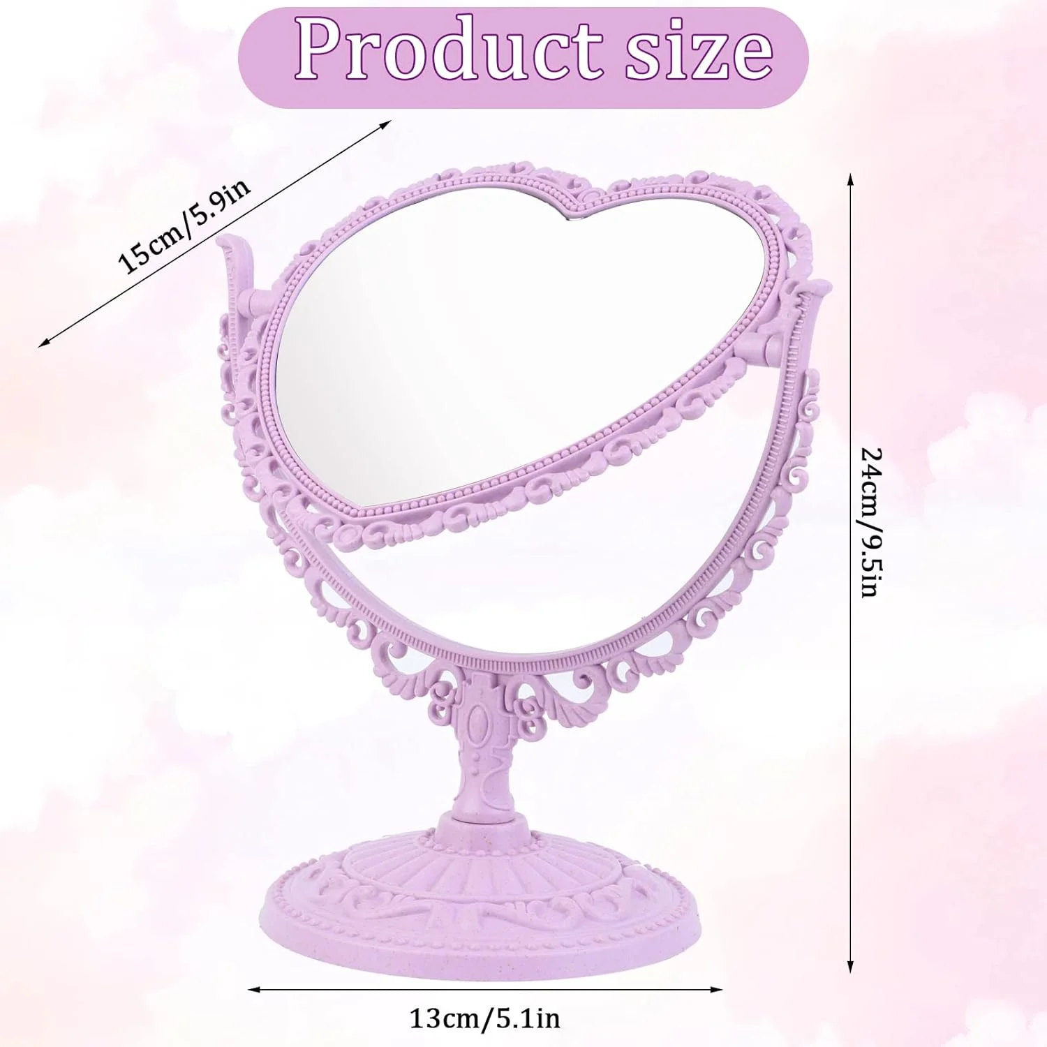 2 Pack Heart Mirror Lovely Heart-Shaped Cosmetic Mirror Plastic Double-Sided Heart Mirror Rotatable Dresser Mirror Bathroom Bedr