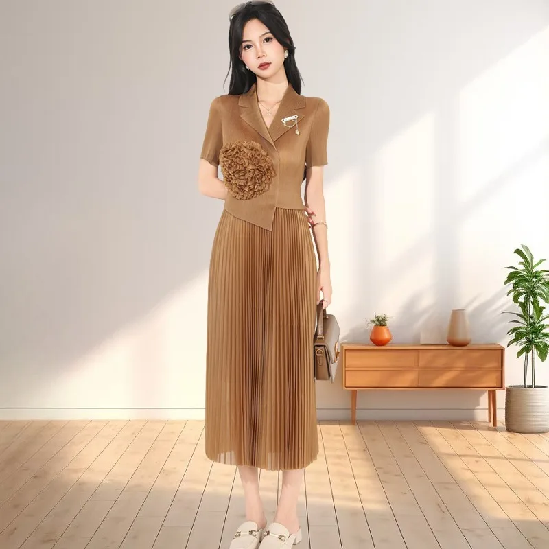 فستان نسائي صيفي بأكمام قصيرة من Miyake فستان جديد بخصر رفيع وياقة مطوية وتنورة طويلة مرنة فساتين نسائية ملابس