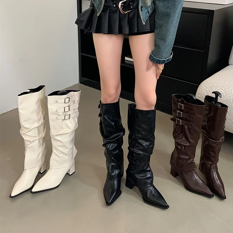 

Sharp Pointed High-heeled Women Boots Two in One Pleated Motorcycle Boots Retro Thick Heeled Long Tube Boot Chelsea Boot