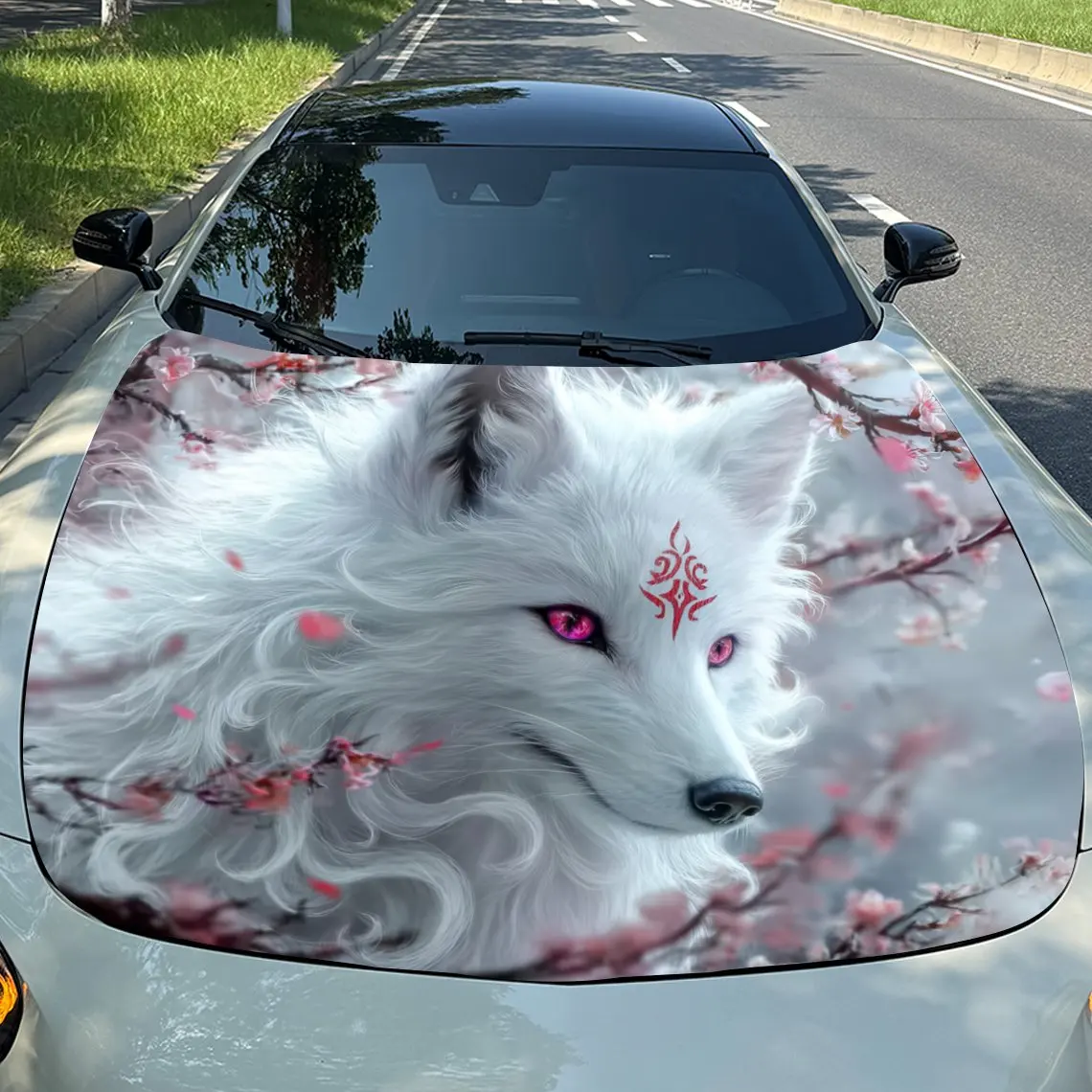 Dramatic White Fox Car Hood Sticker, Durable Car Vinyl Packaging Suitable For Most Vehicles, Car Hood Protective Film, Multi-pur