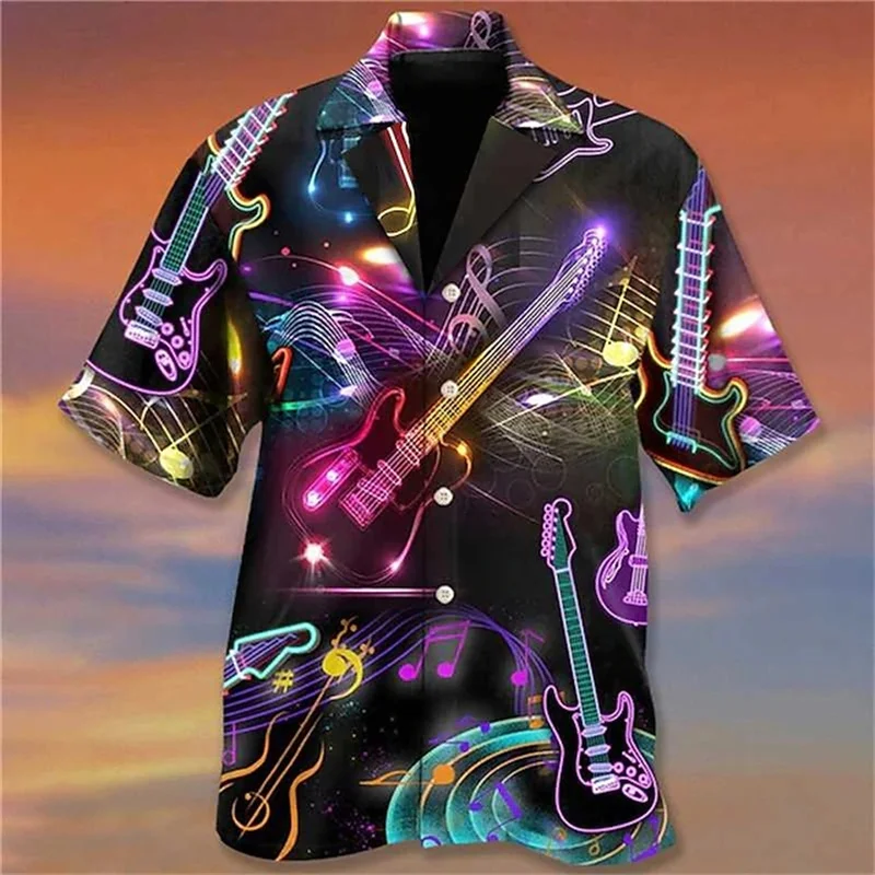 Funny Guitar Beer Pattern Hawaiian Shirts For Men Musical Instrument 3D Printed Blouse Summer Loose Aloha Shirts Short Sleeves