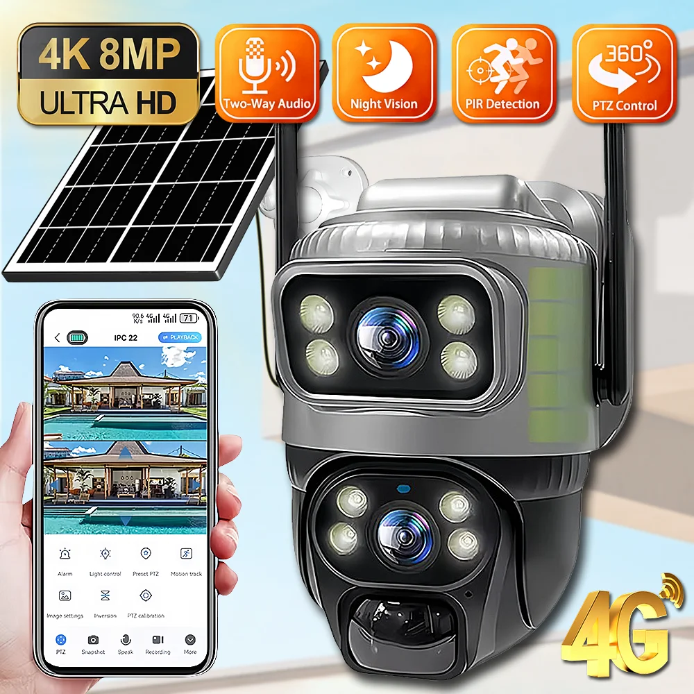 

Solar 4G Camera PIR Human Detection CCTV Night Vision Waterproof Security Video IP Camara 8MP 4K Battery V380 Dual Lens Monitor