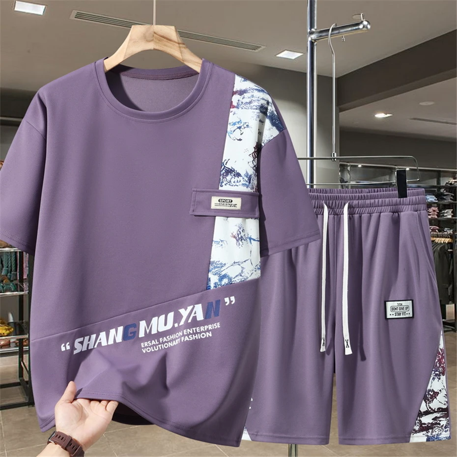 Men's Sets Summer Vintage Patchwork Suits 10XL 11XL Plus Size Summer T-shirt Shorts Male Big Size Suits