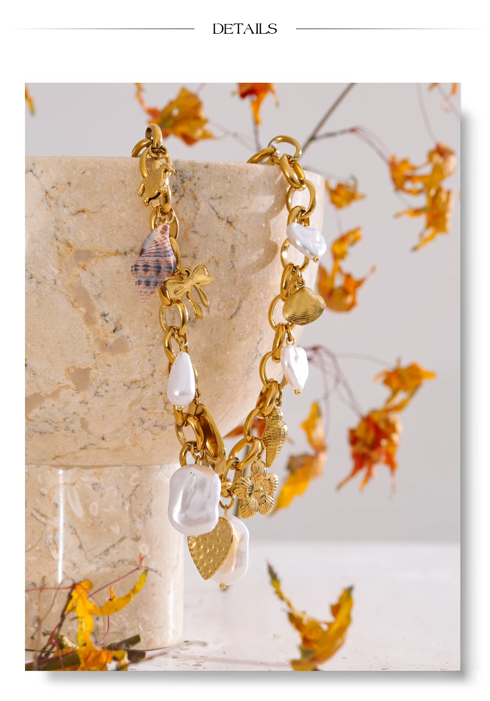 Yhpup Ozean-Stil, simulierte Perlen, Muschel, Schildkröte, Muschel, Herz, Blume, Tropfen-Halskette, 2025, Edelstahl, handgefertigter Schmuck, neu – Detail 12