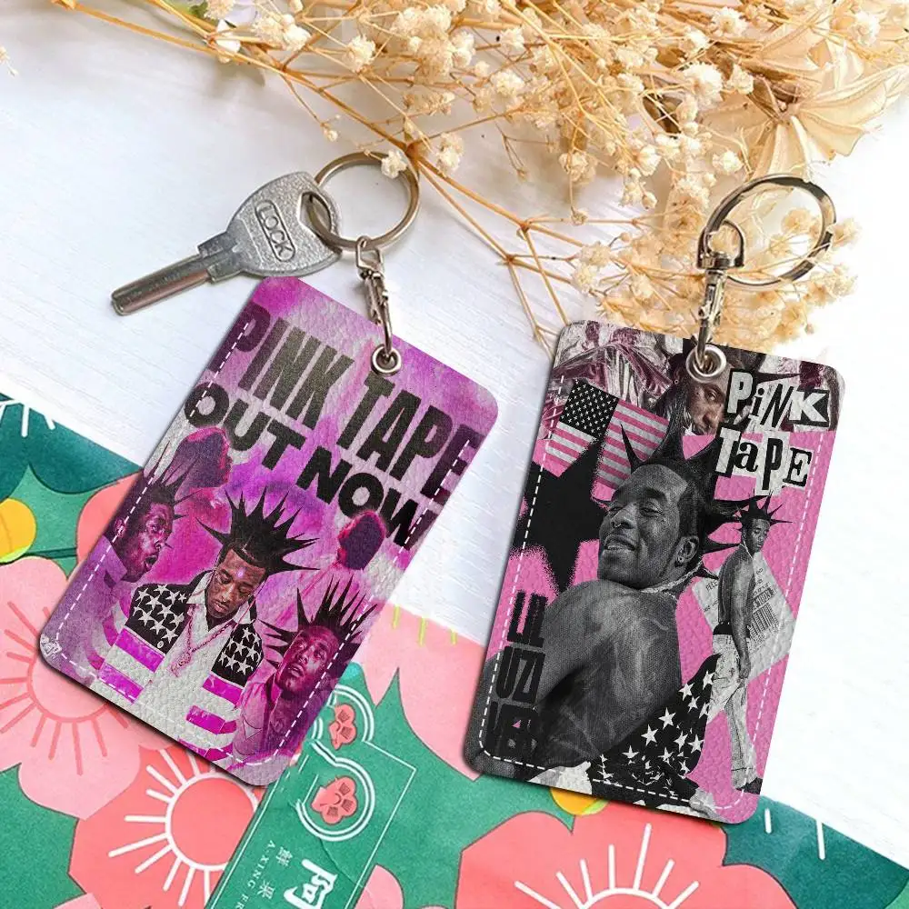 Rapper Lil Uzi Vert Music Album Rectangle ID Card Case Keychain Access Card Bag Key Tag Ring Leather Card Holder Key Ring