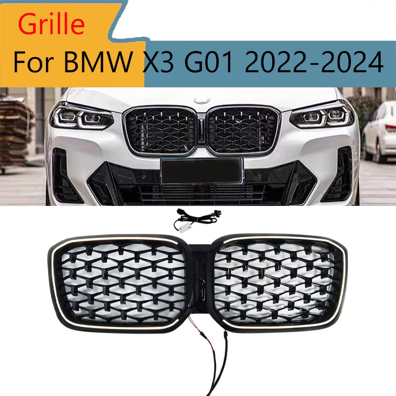 

For BMW X3 G01 2022-2024 Front Bumper Grille Glossy Black Star Style ABS LED Lights Grill Cover Exterior Accessories Replacement