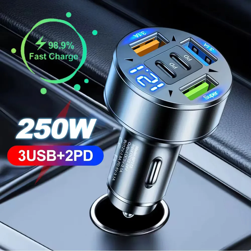 Auto-Ladegerät 250W 5 Anschlüsse Schnellladung PD QC3.0 USB-C Auto-Handy-Ladegerät-Adapter mit Spannungsanzeige für iPhone Samsung Huawei Xiaomi