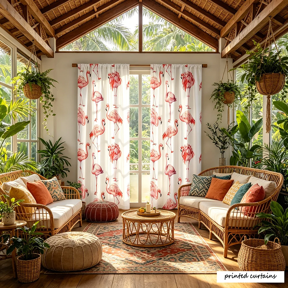 2-piece set of cartoon pink flamingo printed curtains, bedroom blackout and heat-insulating window screen fabric