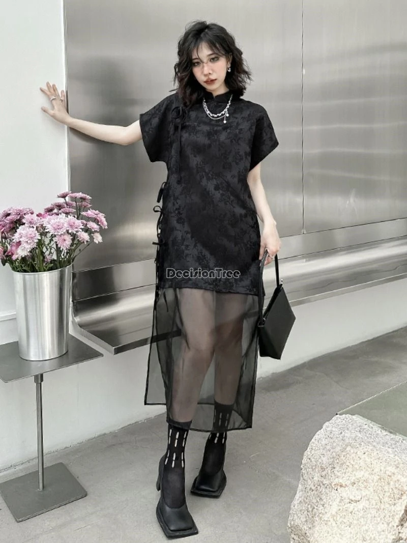 2026 spring summer chinese style qipao niche style black dress fashion mesh  patchwork skirt women fashionable cheongsam dress - AliExpress