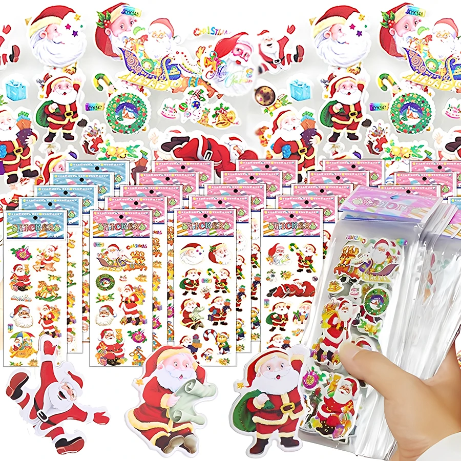 6-12pcs Christmas Style Bubble Stickers 3D Cartoon Creative Self-adhesive Graffiti Stickers for Laptop Luggage Reward Stickers ﻿