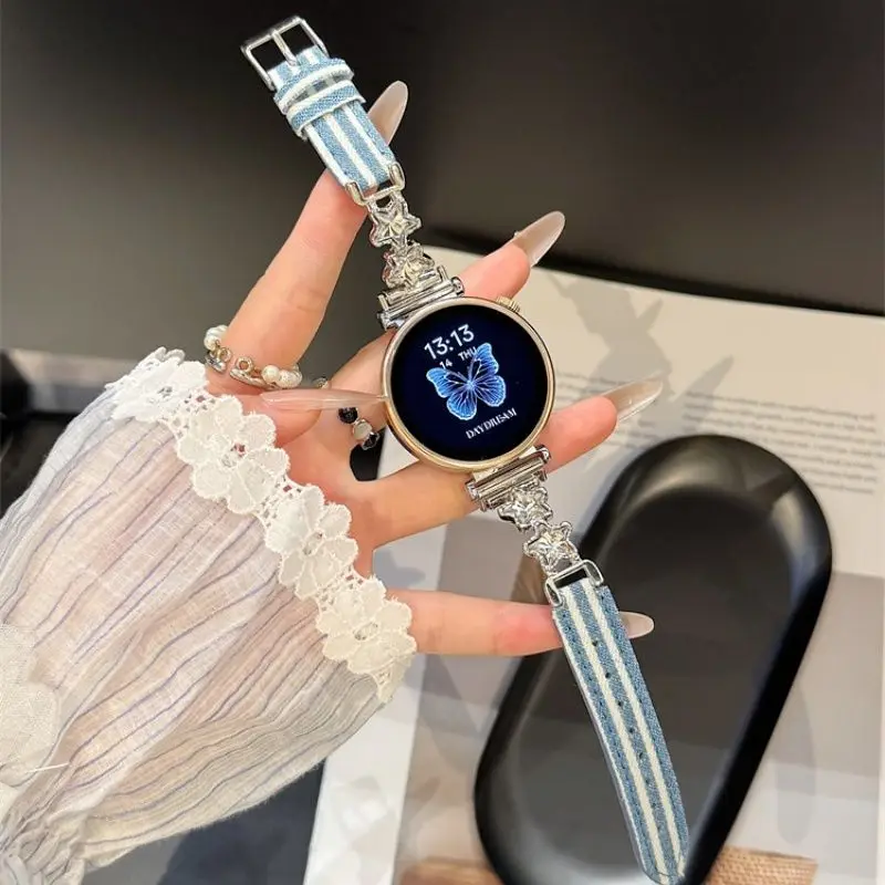 Huawei GT5/GT5 Pro/GT4/GT2/3/4 22mm/20mm/18mm 스트랩에 적합한 다이아몬드가 박힌 스타 스트라이프 데님 스트랩