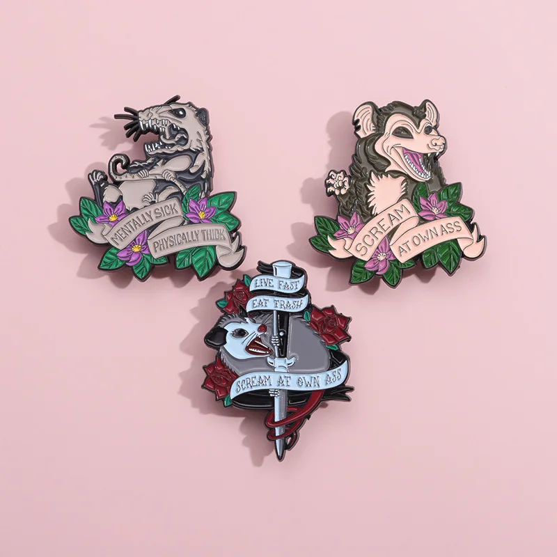 Pins Custom Funny Possum Meme Live Fast Eat Trash Brooches Lapel Badges Animal Jewelry Gift for Friends Opossum Screams Enamel