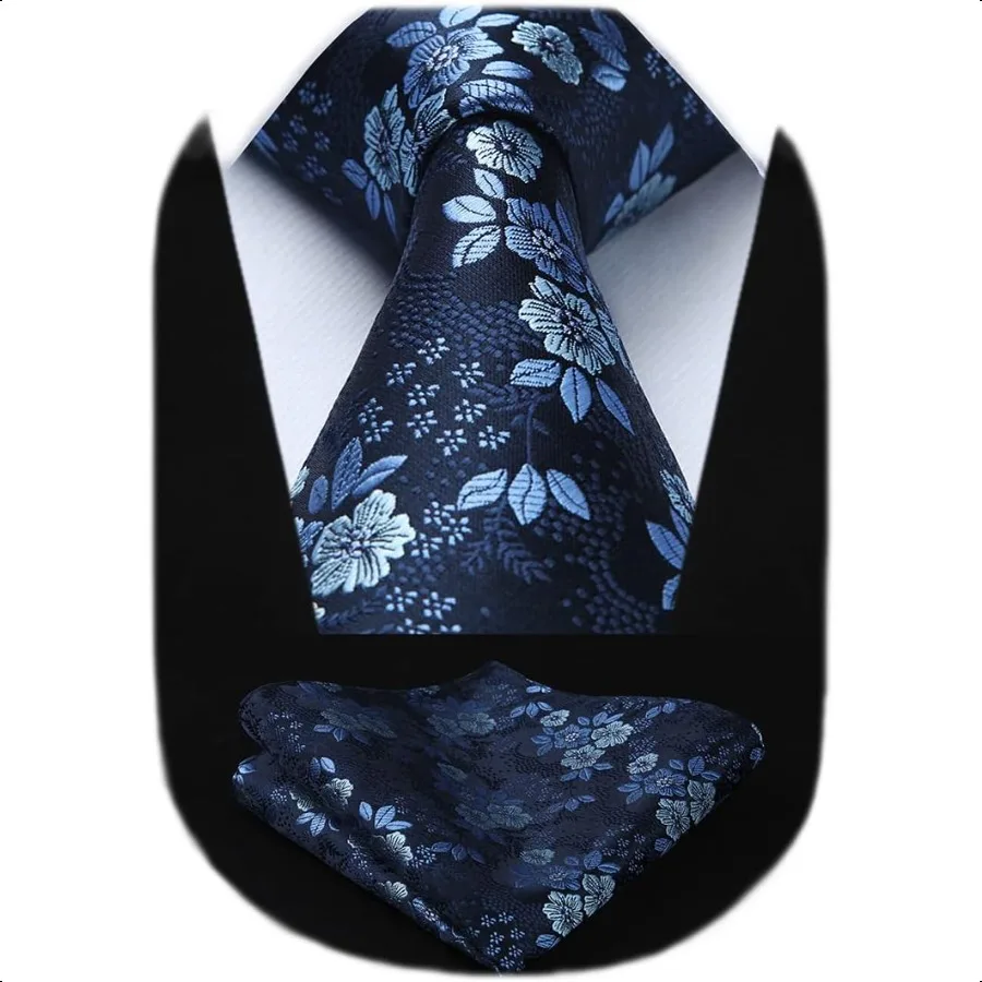 

HISDERN Men Floral Ties Woven Classic 3.4" Necktie Set Formal tie Pocket Square for Wedding with Handkerchief Gift Box