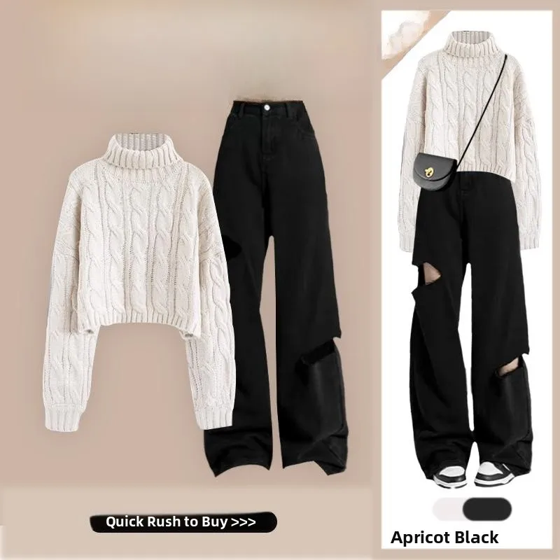 

Ретро-вязаный свитер с высоким воротником и короткие джинсы в американском стиле, женский модный комплект из весенней коллекции с дизайном с перфорацией