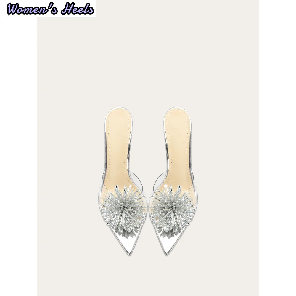 French Style Silver Pointed Toe Slippers Women Rhinestone High Heel Transparent Sandals
