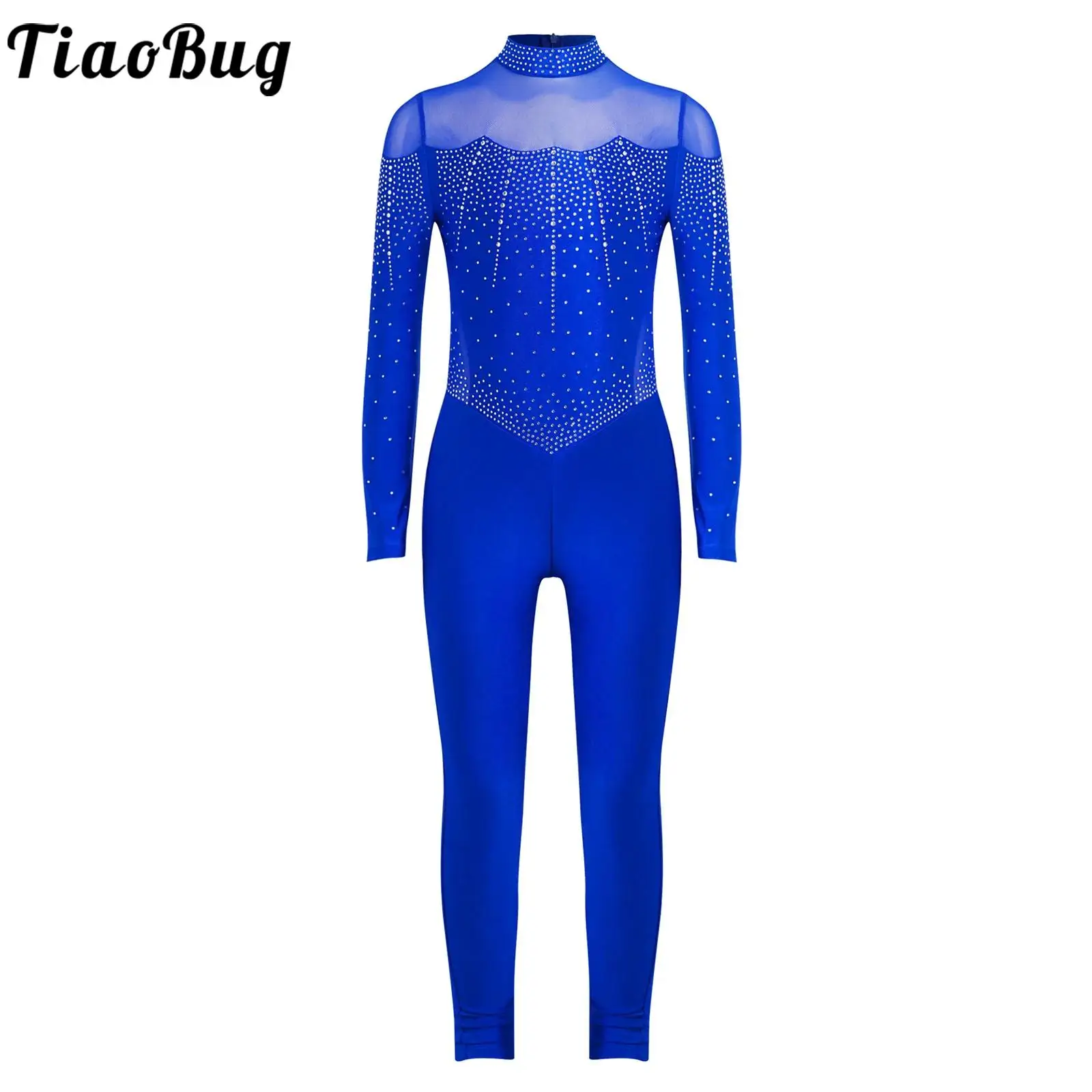 

Kids Girls Rhythmic Gymnastic Full Body Leotards Long Sleeve Mesh Patchwork Rhinestones Jumpsuit Figure Skating Dance Bodysuit