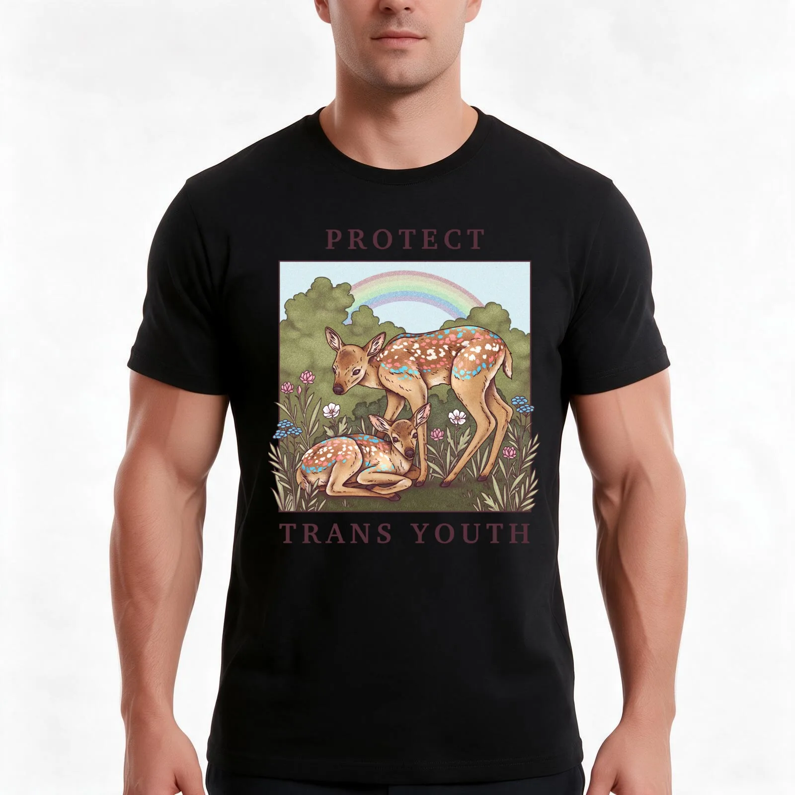 PROTECT TRANS YOUTH Trans Rights Rainbow Trans Flag Flag LGBTQIA QUEER Deer Furry Thieran T-Shirt Summer Casual Cotton Tee