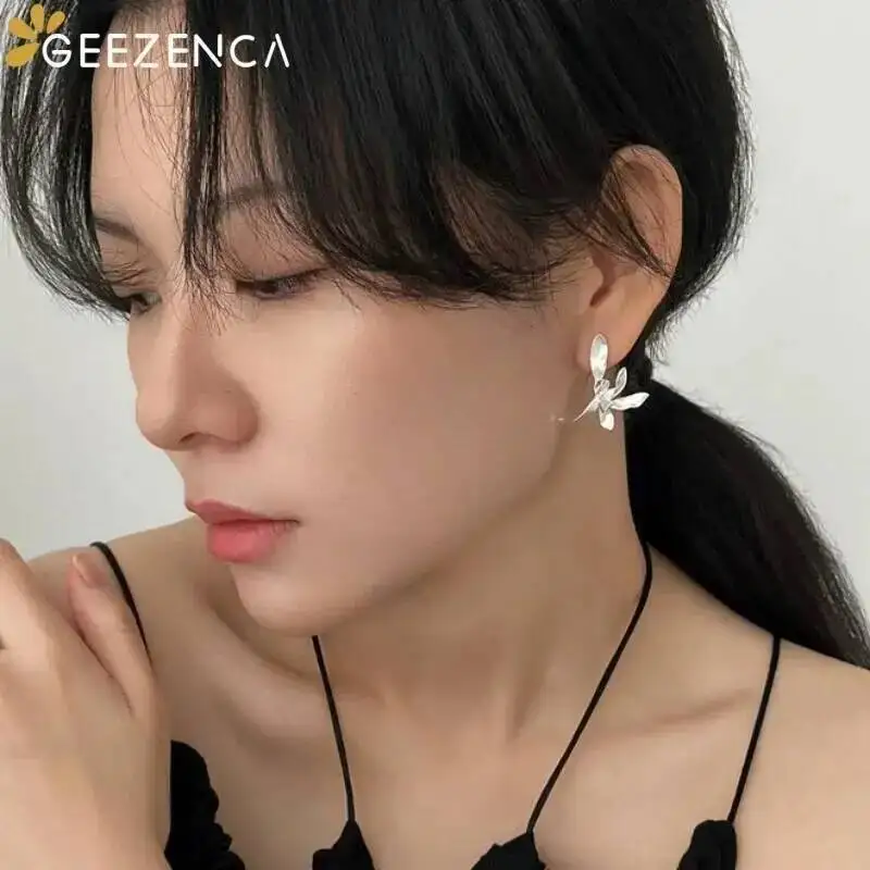 GEEZENCA S925 Silver Brushed Jewelry 3D Flower Statement Earrings Women Designer Trendy Dainty Unique Stud Earring Gift For Her