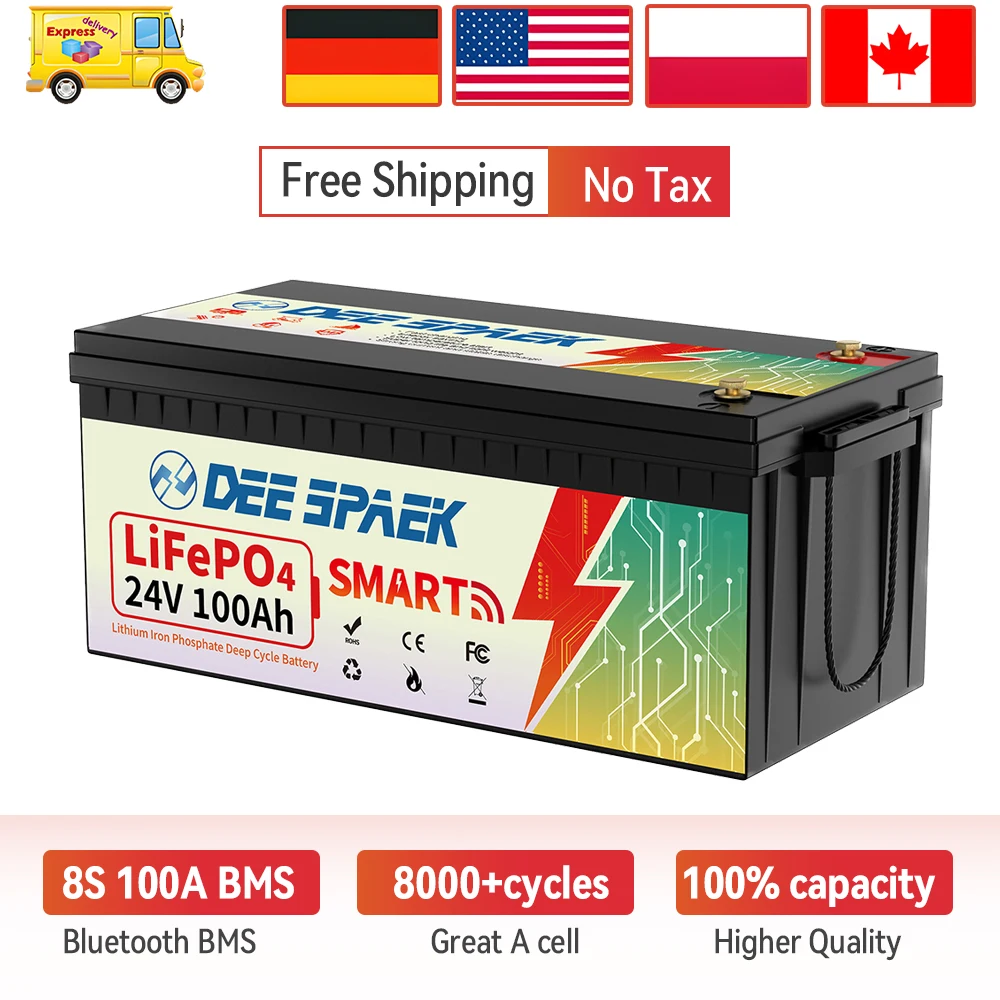 24V 100AH LiFePO4 Battery Pack 24V Lithium Iron Phosphate Batteries For Touring Car Boat Off-Road Off-grid Solar Energy EU Stock