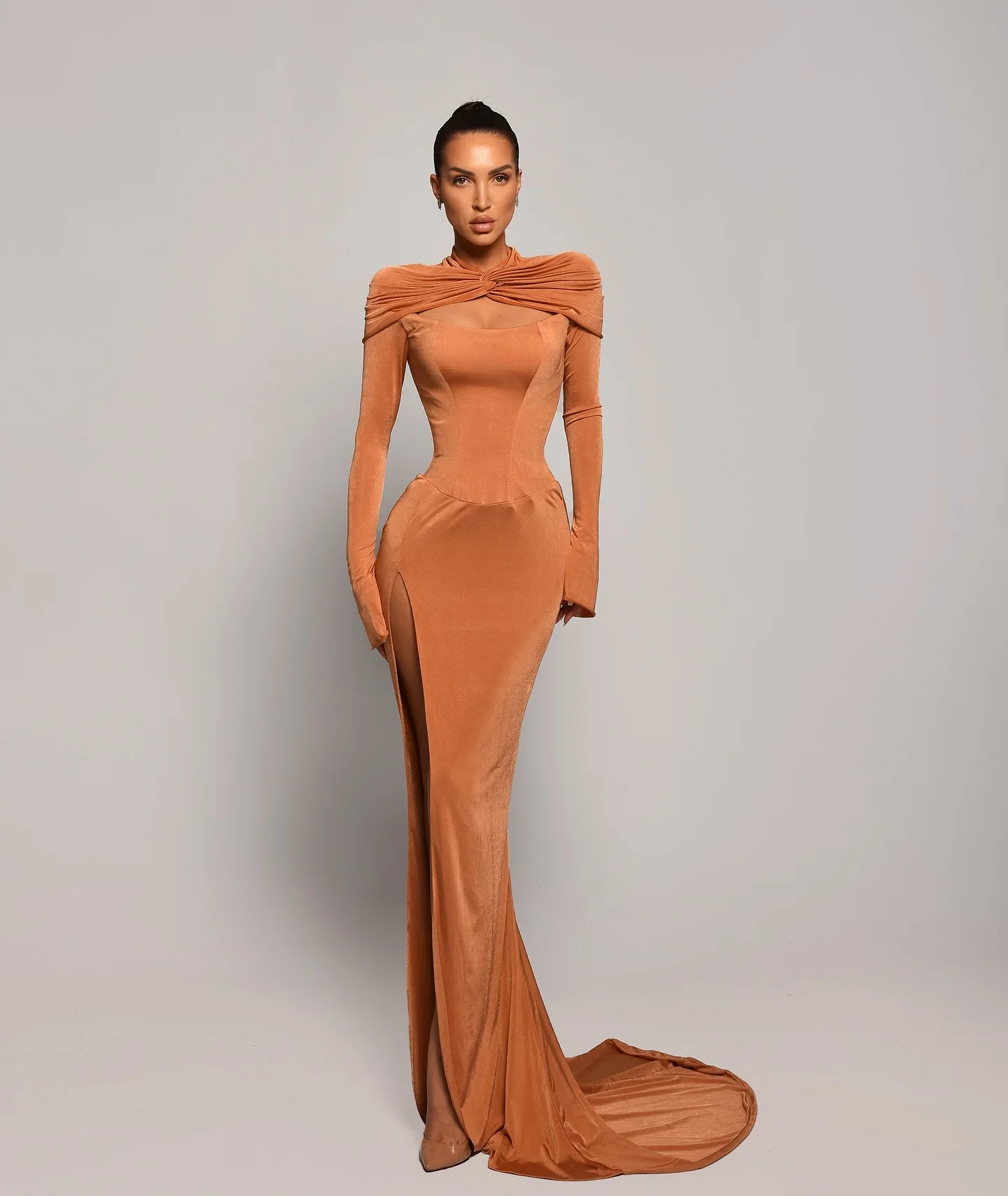 

Customized Exquisite Jersey Straight Evening Dresses Crew Neck Long Sleeves Panel Train Bespoke Occasion Gowns Temperament