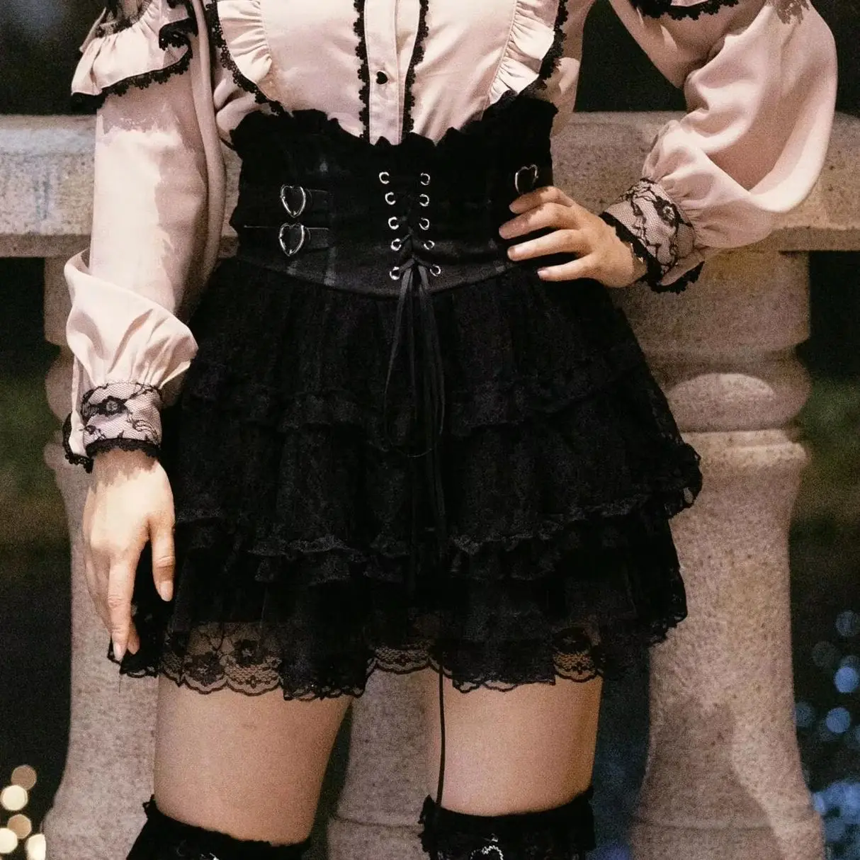Jirai Kei Lolita Skirt Japanese Cute Mine Style Lace Bandage High Waist Dress Black /Pink Kawaii y2k Sweet Girly Dream