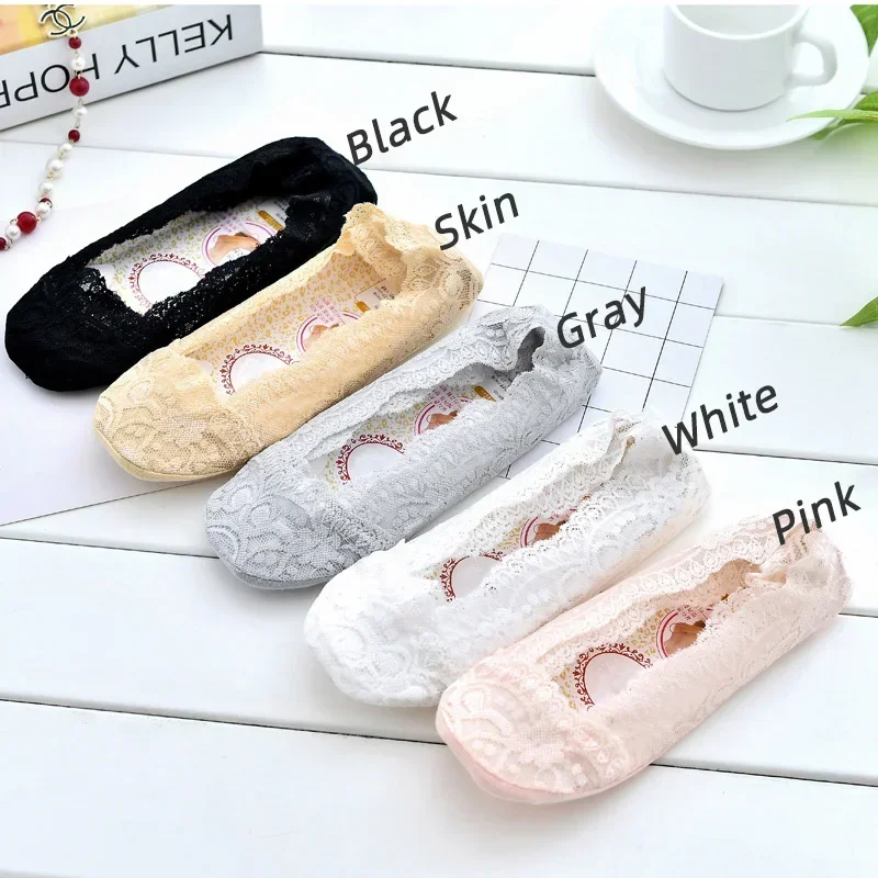 5 Pairs Women's Summer Lace Invisible Socks Boat Mesh Thin Low Cut Socks Slippers Female Ankle Silicone No Show Socks Non-slip
