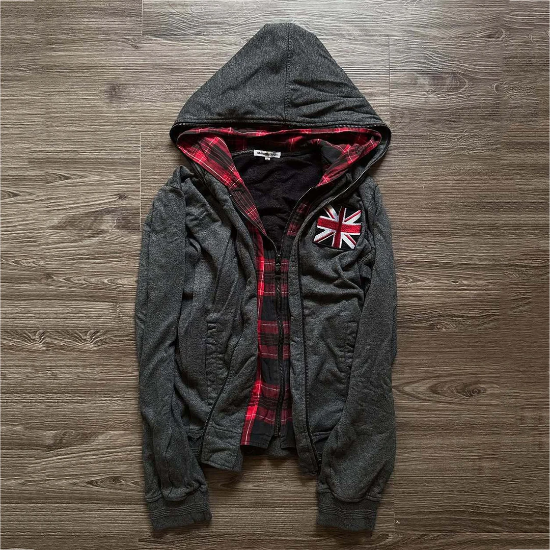 Unisex Zipper Hoodie with Red Plaid Lining, Vintage British Punk Zipper Hoodie, Autumn/Winter