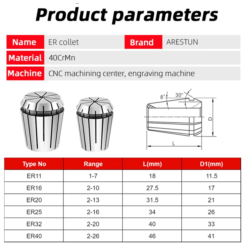 ER Collet Chuck Spring Collet for CNC Milling Lathe Tool Holder Milling Chuck High Precision 0.008mm ER11 ER16 ER20 ER25 ER32 AA