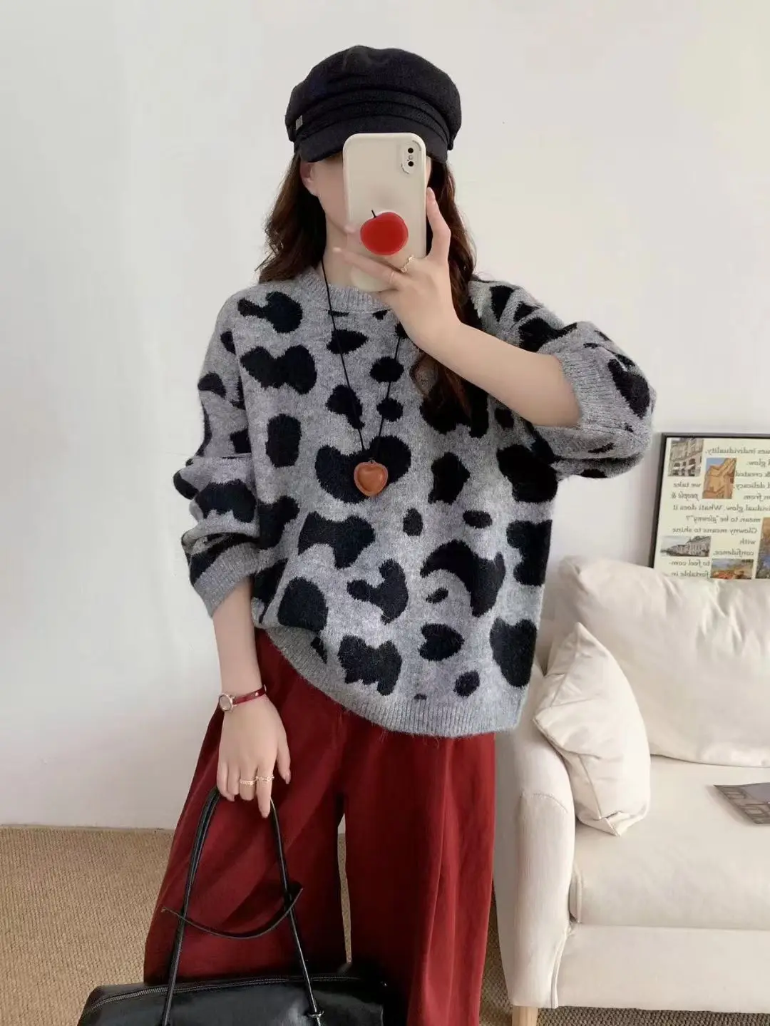 Korejpaa Autumn Retro Pullover Sweaters Women Leopard Jacquard Knitted Sweater Korean Fashion O Neck Long Sleeve Top Casual