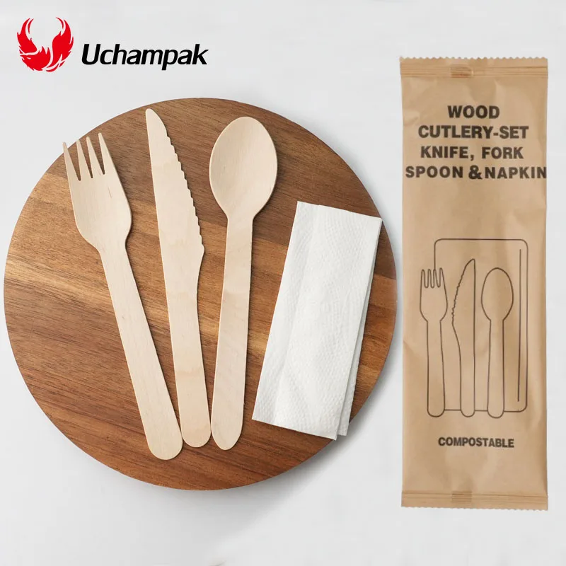 Комбинированный набор одноразовых деревянных столовых приборов (вилка, нож, ложка и бумажная салфетка) Портативные биоразлагаемые наборы деревянной посуды для вечеринок и кемпинга