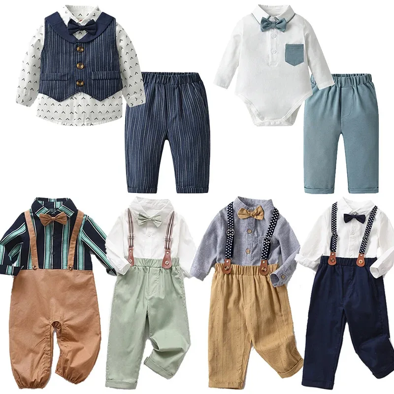 

Infant Toddler Gentleman Rompers Overalls Sets Baby Boys Formal Clothes Bow Tie Birthday Costume Kids Suspender Jumpsuits Suits