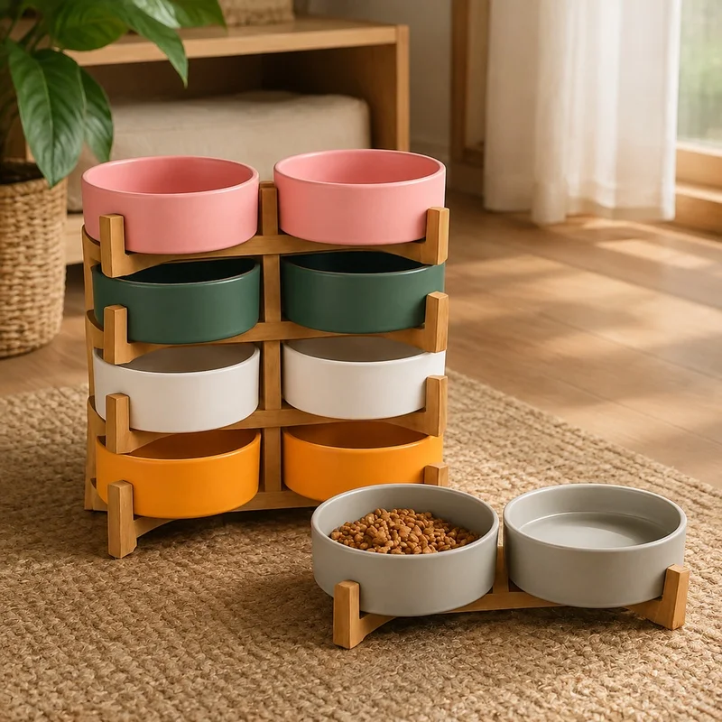 Wooden Stand Elevated Double Ceramic Dishes for Small Dogs and Cats - Spill-Proof Food and Water Bowls