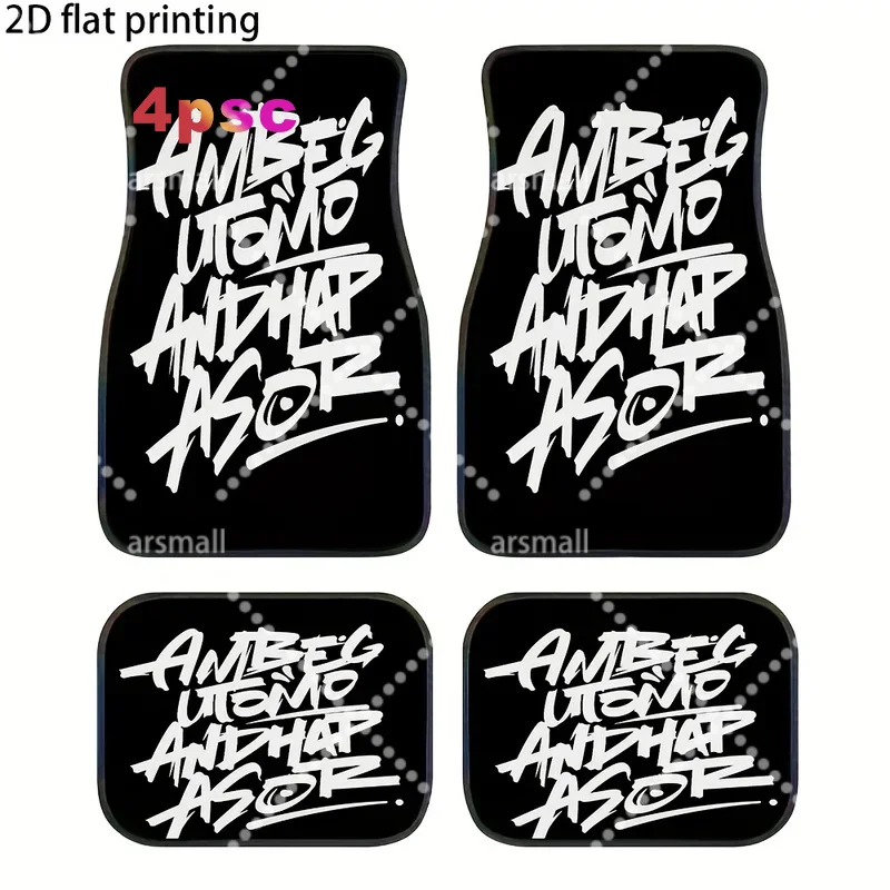 4pcs Car Floor Mats, White Graffiti Letters On A Black Background Pattern, Made Of Polyester Fiber, Universal Car Mats, Suitable