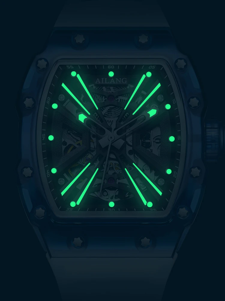 AILANG Famous Brand Sport Silicone Strap Skeleton Mechanical Watch for Men Waterproof Luminous Fashion Automatic Hollow Watches