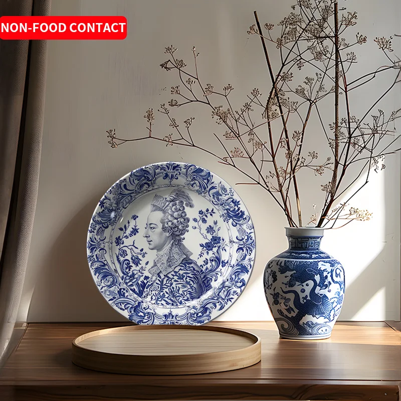 1pc European Vintage Blue and White Ceramic Decorative Plate Hand-Painted Lady of the Household Art Hanging Plate Wall Home