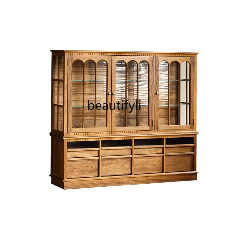 Retro side cabinet, household dishes, porcelain glass display cabinet, all solid wood storage wine cabinet against the wall