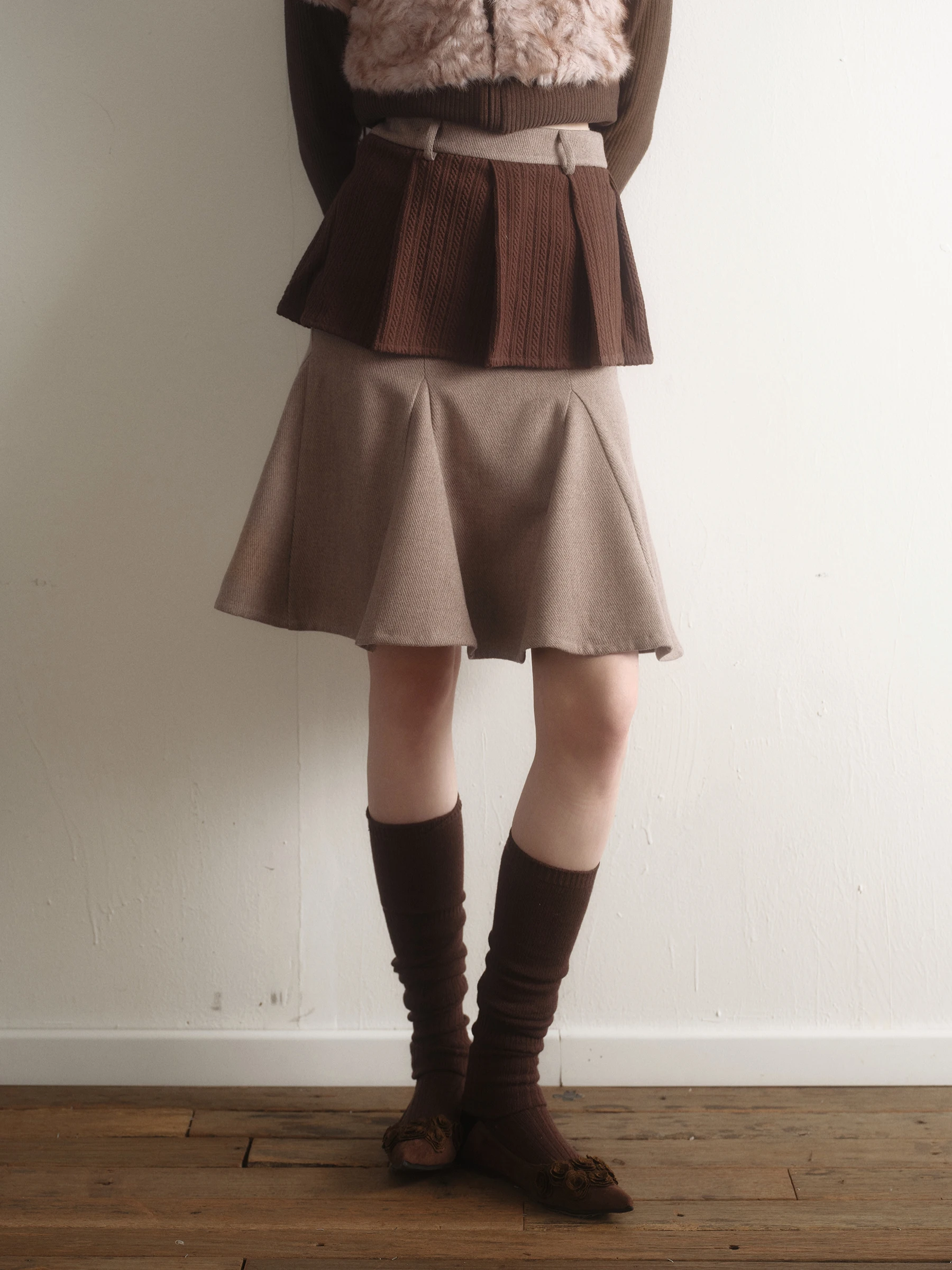 

Original High Waist Tweed Brown Coffee Color Double Layer Retro Insert Cardigan Skirt for Girls Warm Cotton Polyester Nylon