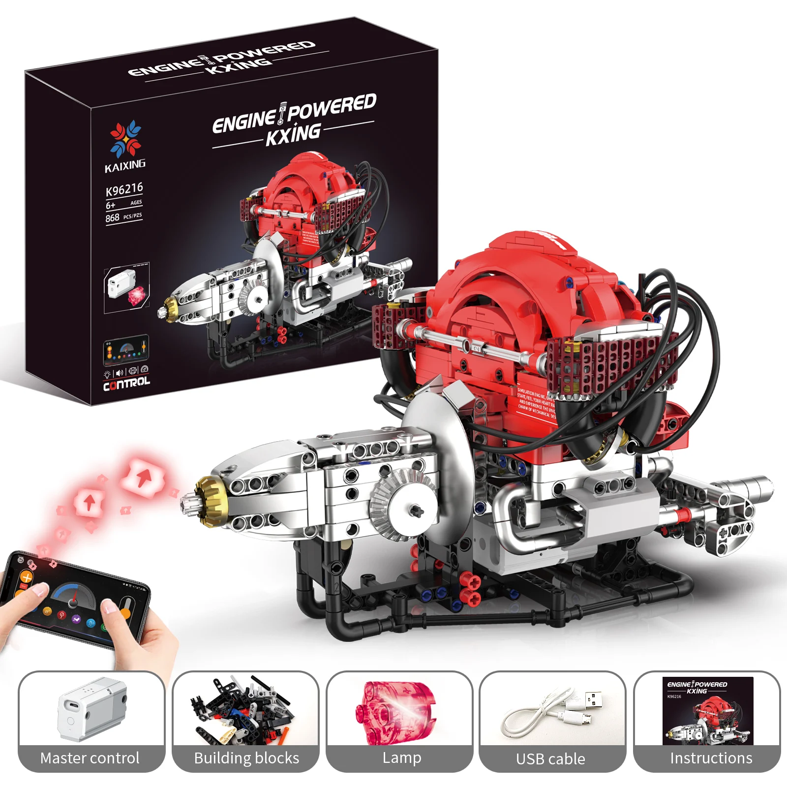 

MOC 868PCS New Creative Electric RC APP Control Beetle Engine Model LED Building Blocks Children's Puzzle Toy Birthday Gift