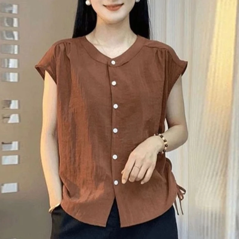 

Fashion O-Neck Solid Color Lace Up Casual Shirt 2025 Summer New Korean Tops Loose Commute Blouse
